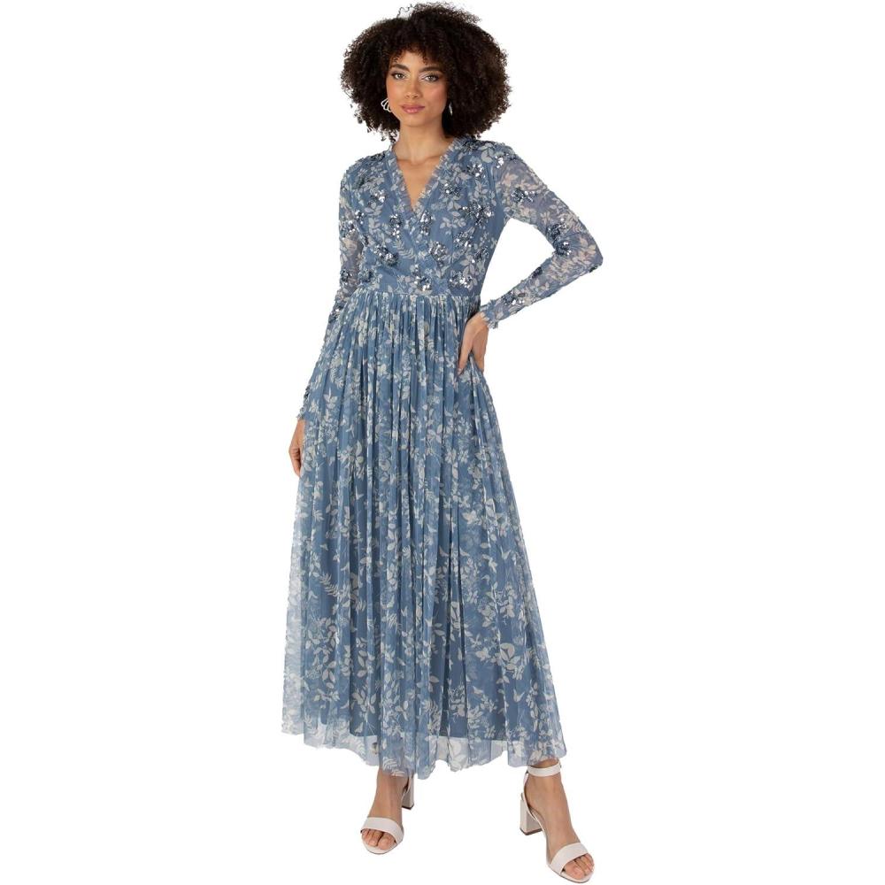 imageAnaya with Love Womens Midaxi Dress Ladies VNeck Wrap Long Sleeves Floral Sequin Embellished for Wedding Guest Party Occasion Evening Robe FemmeBleu