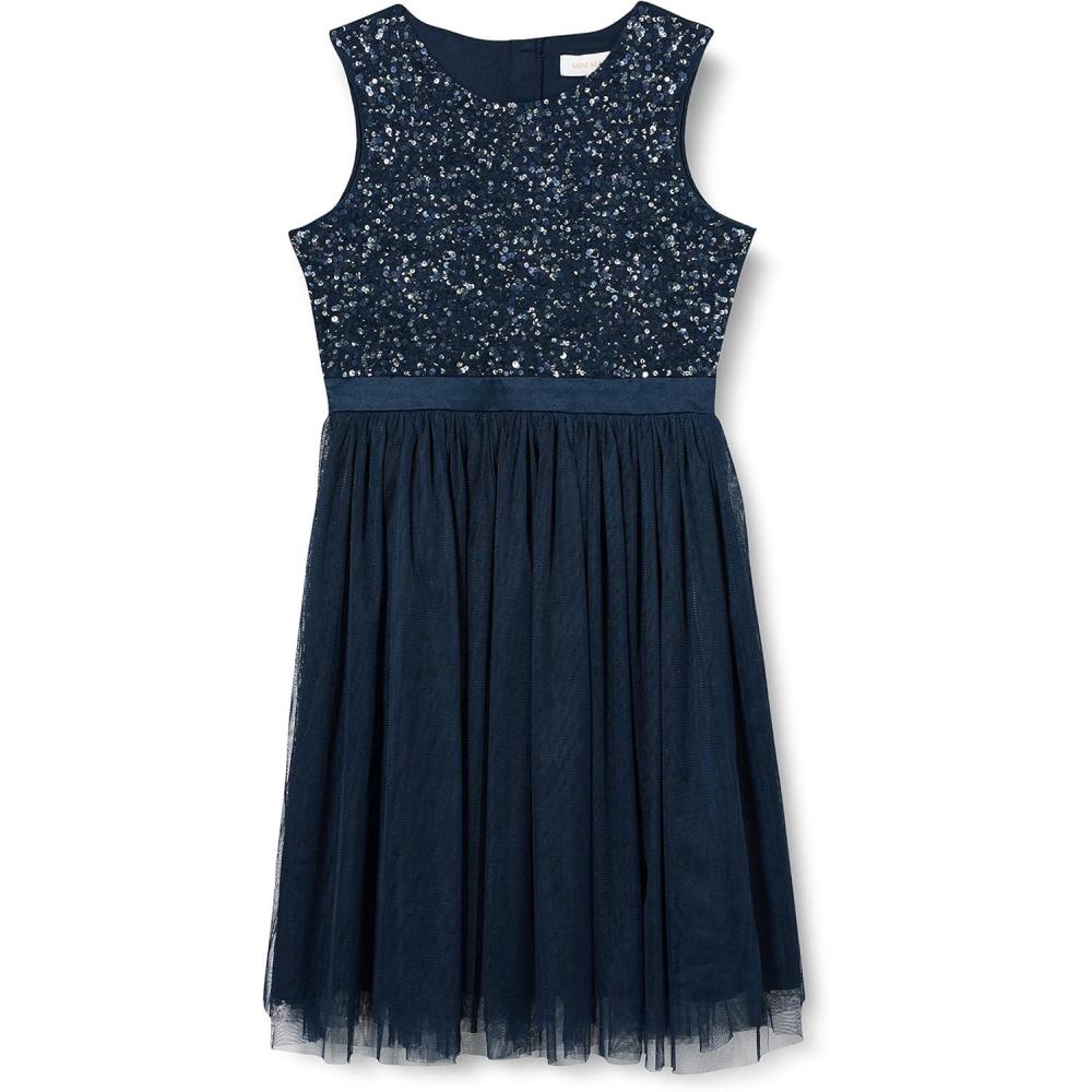 imageMaya Deluxe Midi Dress for Girls Sequins Embellished Party Tutu Bridesmaids Wedding with Belt Bow Robe Fille Lot de 1Bleu Marine