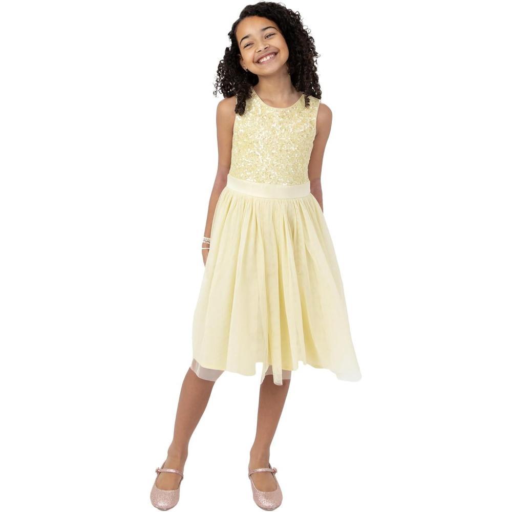 imageMaya Deluxe Midi Dress for Girls Sequins Embellished Party Tutu Bridesmaids Wedding with Belt Bow Robe Fille Lot de 1Citron