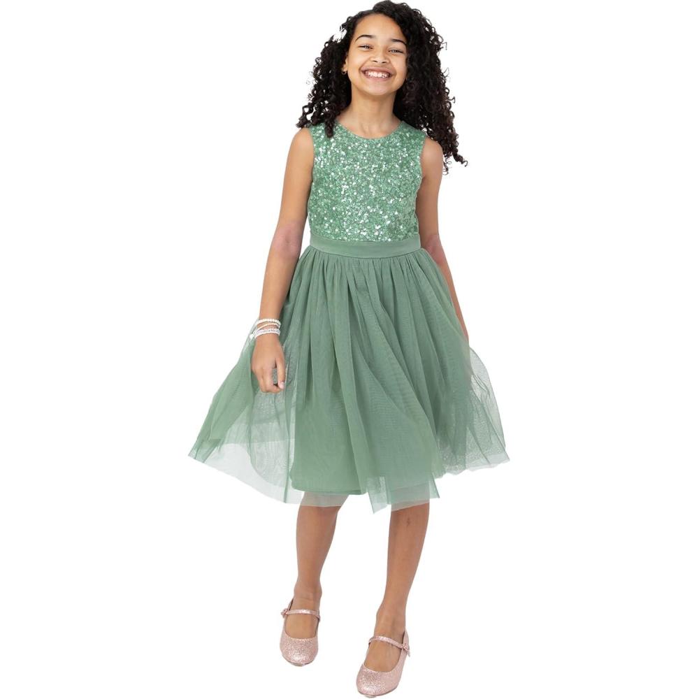 imageMaya Deluxe Midi Dress for Girls Sequins Embellished Party Tutu Bridesmaids Wedding with Belt Bow Robe Fille Lot de 1Deep Mint