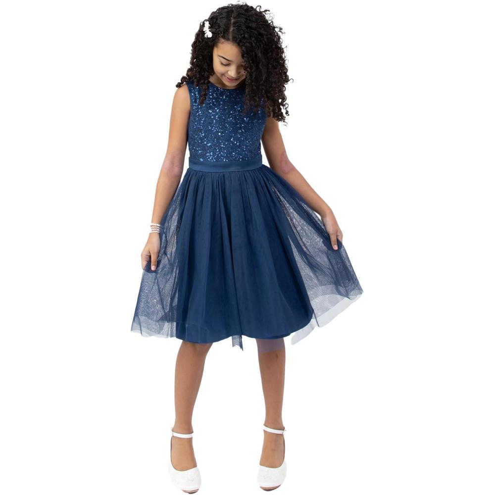 imageMaya Deluxe Midi Dress for Girls Sequins Embellished Party Tutu Bridesmaids Wedding with Belt Bow Robe Fille Lot de 1French Navy