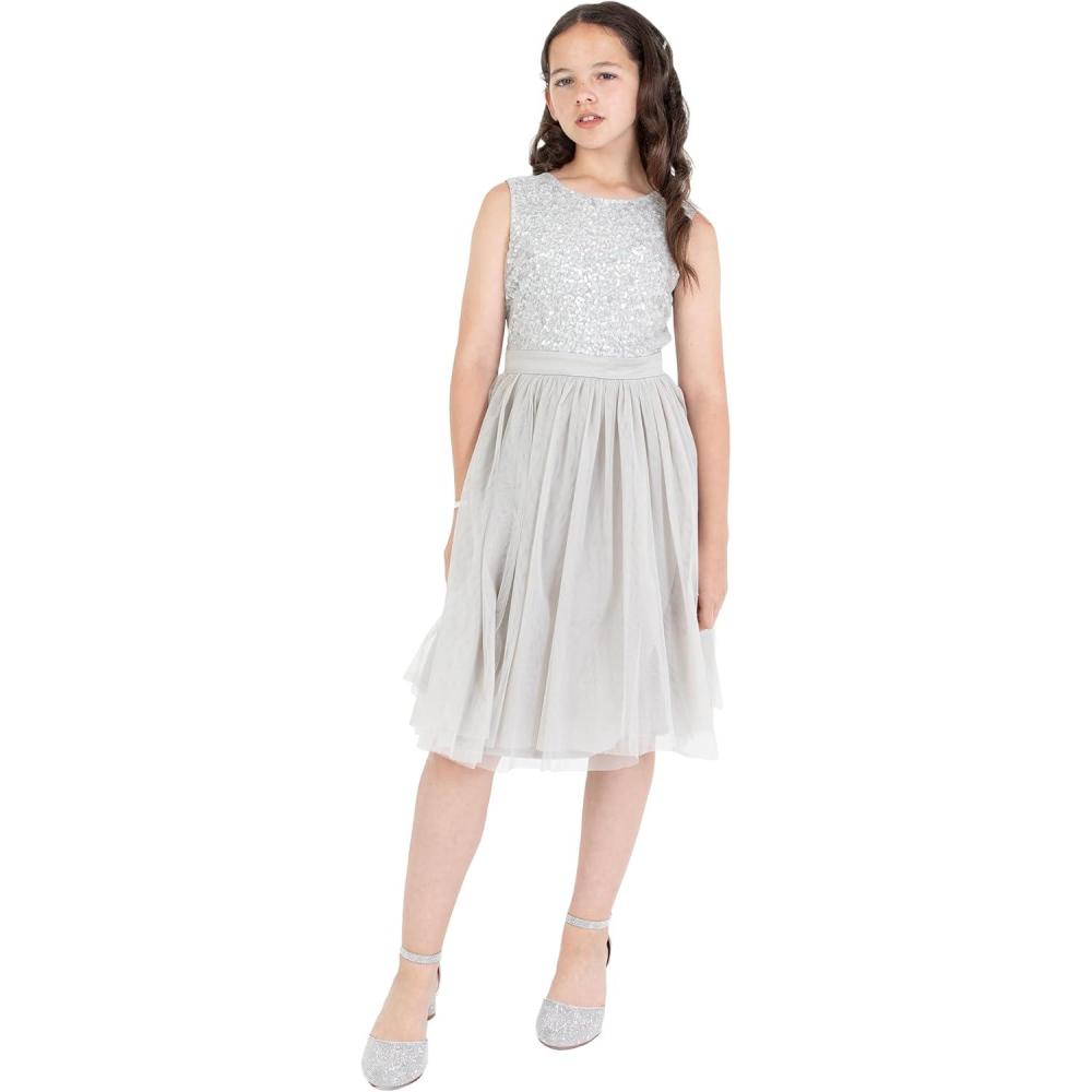 imageMaya Deluxe Midi Dress for Girls Sequins Embellished Party Tutu Bridesmaids Wedding with Belt Bow Robe Fille Lot de 1Gris Clair