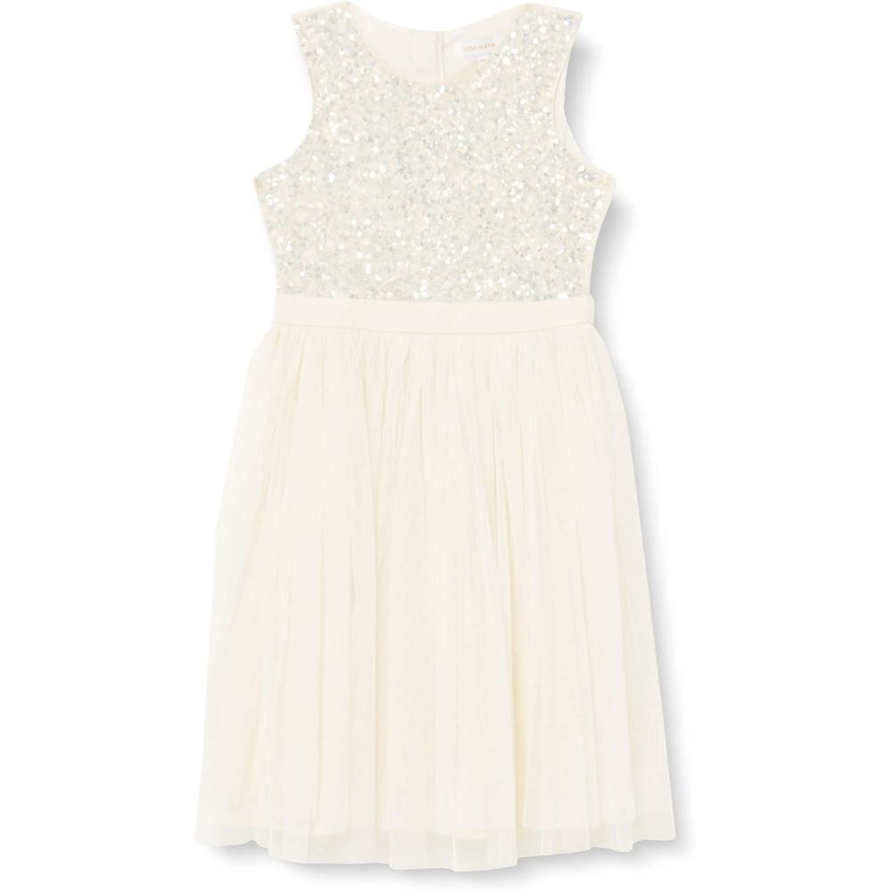imageMaya Deluxe Midi Dress for Girls Sequins Embellished Party Tutu Bridesmaids Wedding with Belt Bow Robe Fille Lot de 1Ivoire