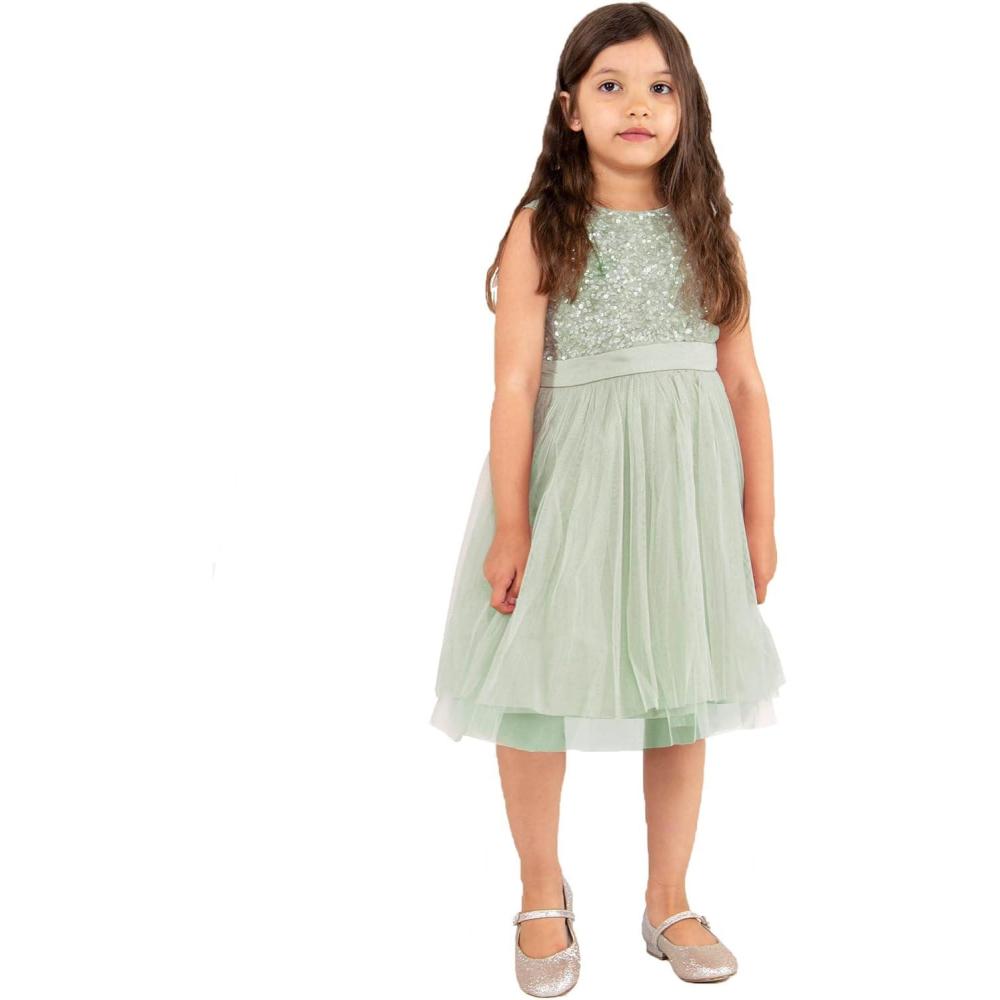 imageMaya Deluxe Midi Dress for Girls Sequins Embellished Party Tutu Bridesmaids Wedding with Belt Bow Robe Fille Lot de 1Lys Vert