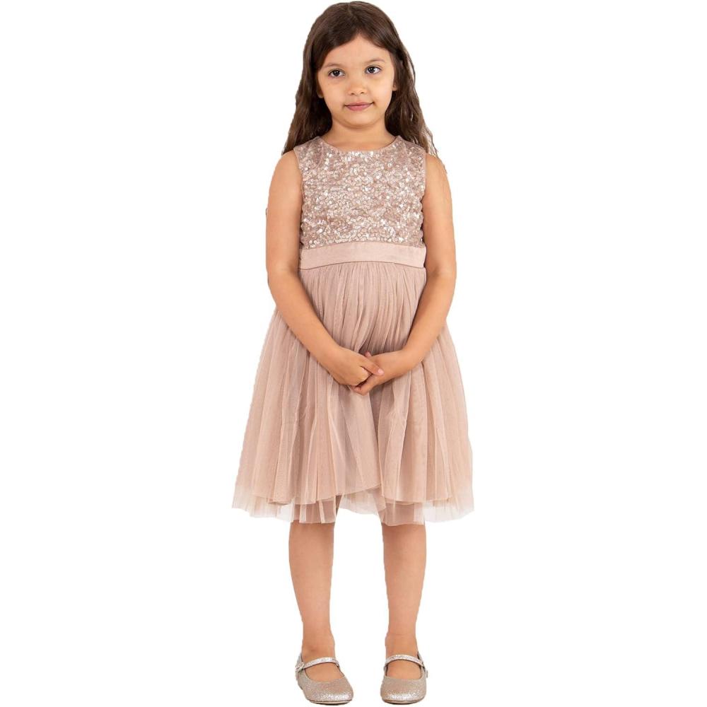 imageMaya Deluxe Midi Dress for Girls Sequins Embellished Party Tutu Bridesmaids Wedding with Belt Bow Robe Fille Lot de 1Rose Clair Taupe