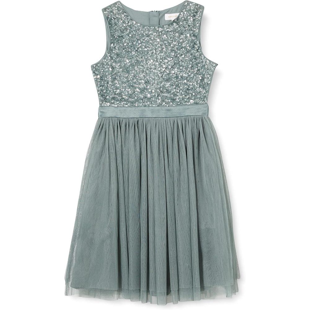 imageMaya Deluxe Midi Dress for Girls Sequins Embellished Party Tutu Bridesmaids Wedding with Belt Bow Robe Fille Lot de 1Vert Bruyant