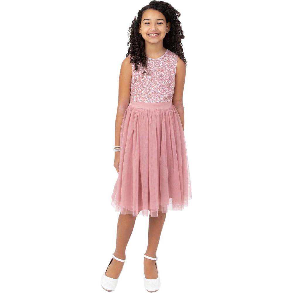 imageMaya Deluxe Midi Dress for Girls Sequins Embellished Party Tutu Bridesmaids Wedding with Belt Bow Robe Fille Lot de 1Vintage Rose