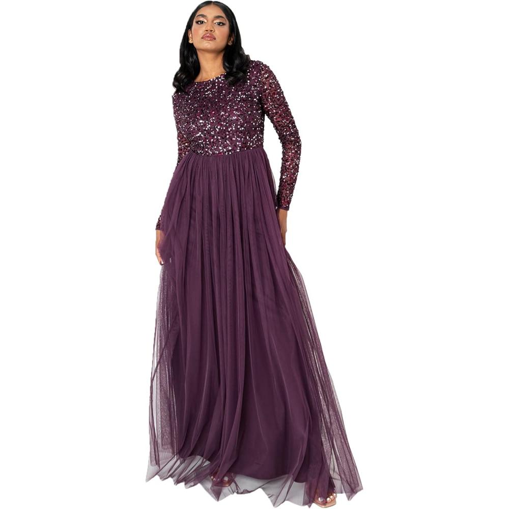 imageMaya Deluxe Taupe Blush Embellished Long Sleeve Maxi Dress Robe de Demoiselle dhonneur Femme Baie