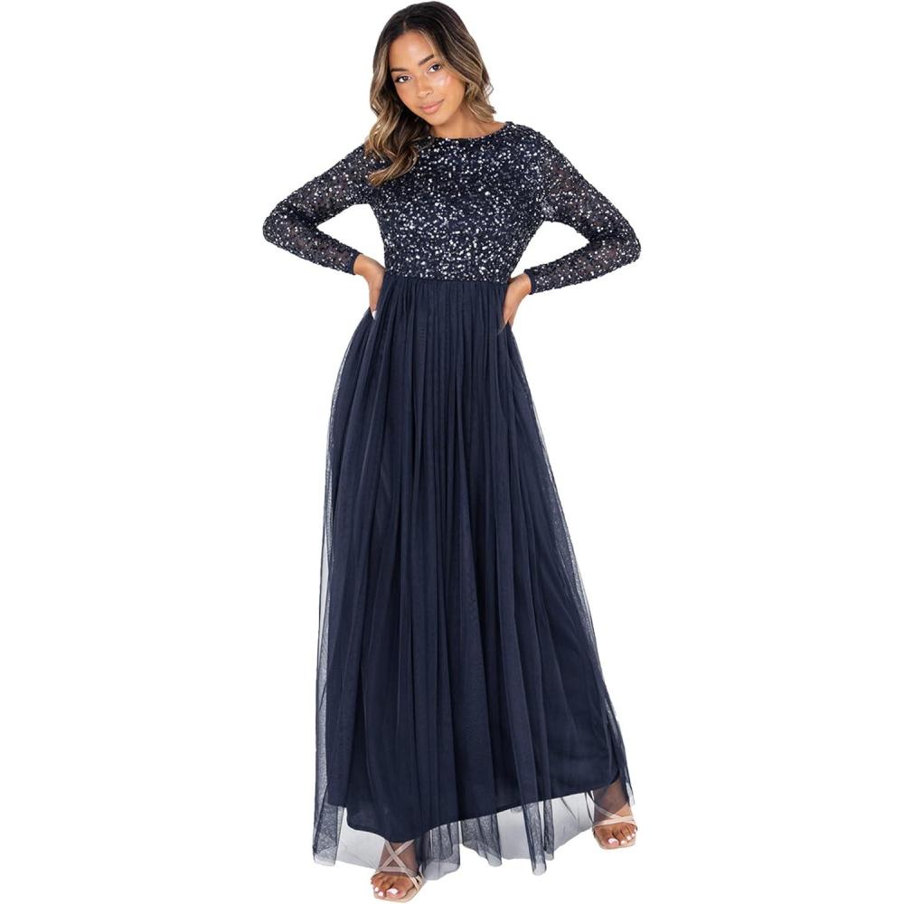 imageMaya Deluxe Taupe Blush Embellished Long Sleeve Maxi Dress Robe de Demoiselle dhonneur Femme Bleu Marine