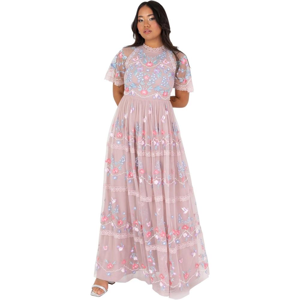 imageMaya Deluxe Womens Ladies Maxi Dress Short Sleeve Round Neck Floral Embroidered Tulle Lace ALine for Bridesmaid Wedding Guest Prom Robe FemmeFrosted Pink