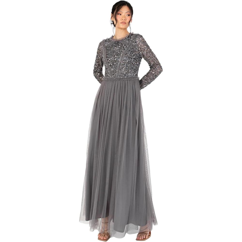 imageMaya Deluxe Womens Maxi Dress Ladies Crew Neck Long Sleeve Sequin Embellished Tulle Ruffle for Wedding Guest Bridesmaid Ball Gown Robes FemmeAnthracite