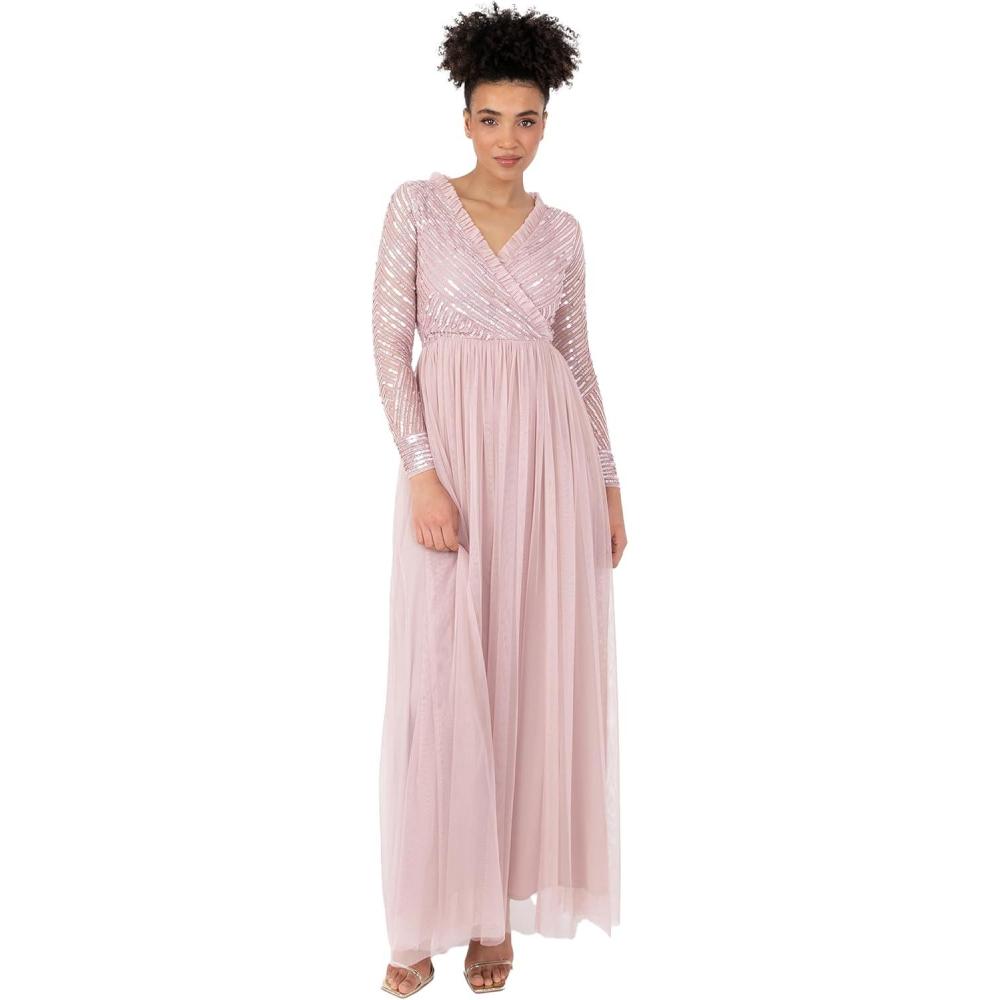 imageMaya Deluxe Womens Maxi Dress Ladies Embellished Wrap Tulle Frilly VNeck Long Sleeve for Wedding Guest Bridesmaid Prom Ball Gown Robes FemmeFrosted Pink