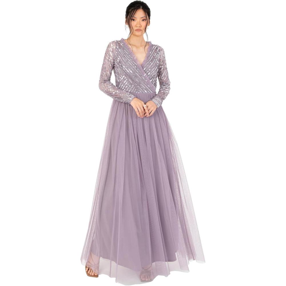 imageMaya Deluxe Womens Maxi Dress Ladies Embellished Wrap Tulle Frilly VNeck Long Sleeve for Wedding Guest Bridesmaid Prom Ball Gown Robes FemmeMoody Lilac