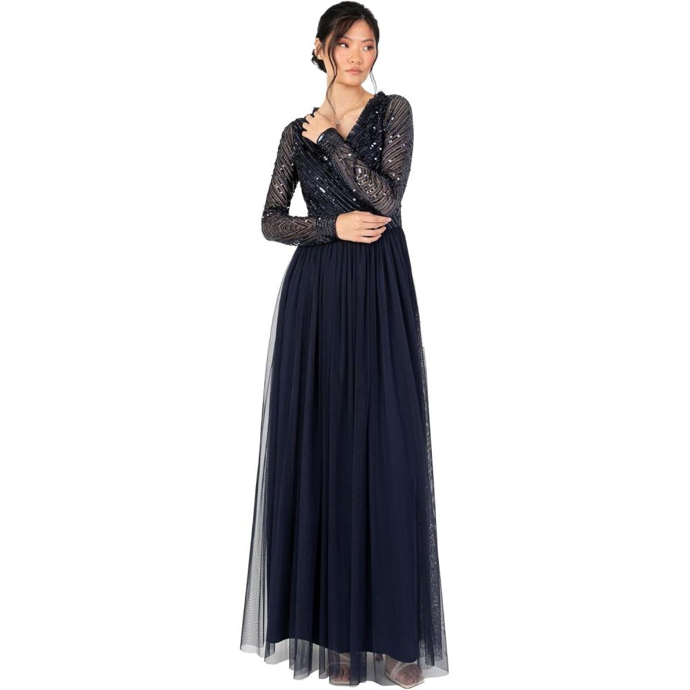 imageMaya Deluxe Womens Maxi Dress Ladies Embellished Wrap Tulle Frilly VNeck Long Sleeve for Wedding Guest Bridesmaid Prom Ball Gown Robes FemmeNavy