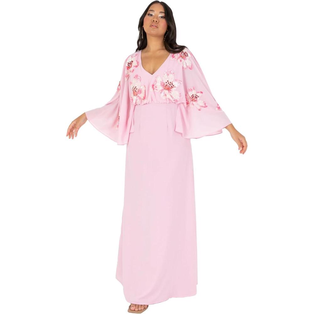 imageMaya Deluxe Womens Maxi Dress Ladies VNeck Long Cape Sleeve Floral Sequin Embellished ALine for Wedding Guest Evening Occasion Robe FemmeCherry Blossom