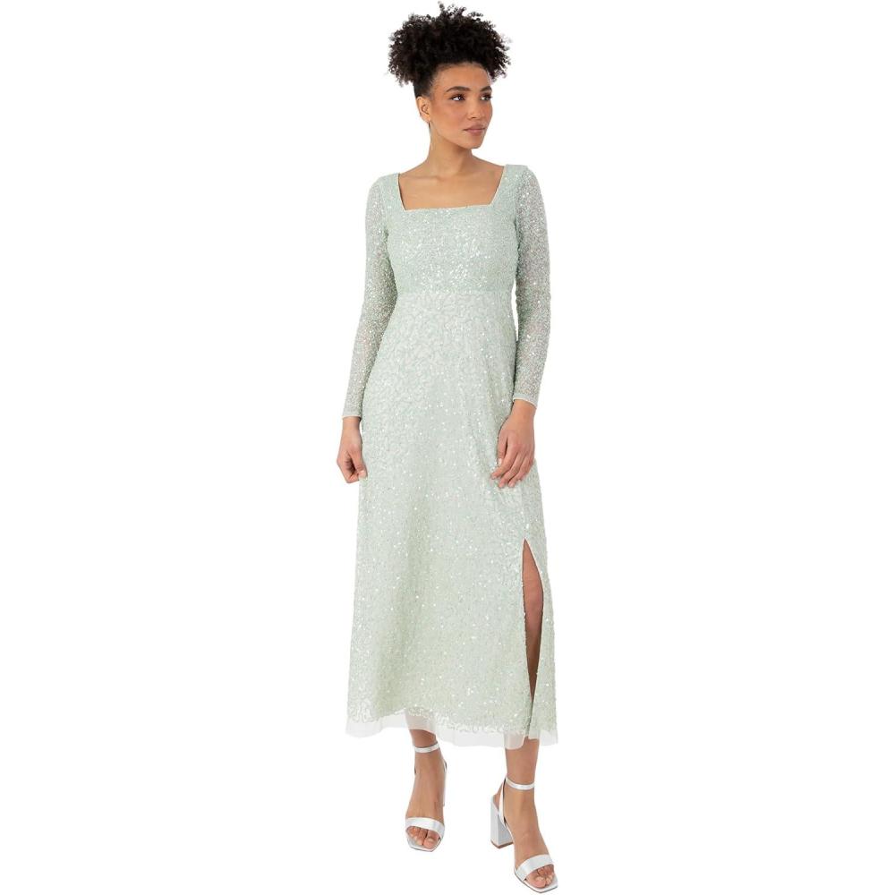 imageMaya Deluxe Womens Midaxi Dress Ladies Long Sheer Sleeve Square Neck Sequin Embellished Split Empire Waist ALine Wedding Guest Robe FemmeMint Green