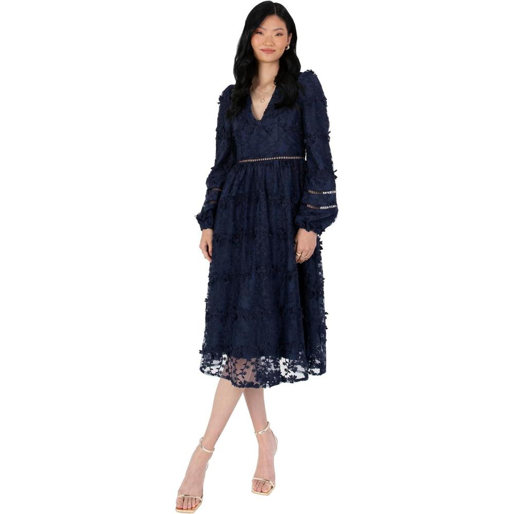 imageMaya Deluxe Womens Midi Dress Ladies Floral Embroidered Lace Long Sleeve VNeck for Wedding Guest Bridesmaid Prom Occasion Ball Gown Robes Femme Lot de 1Navy