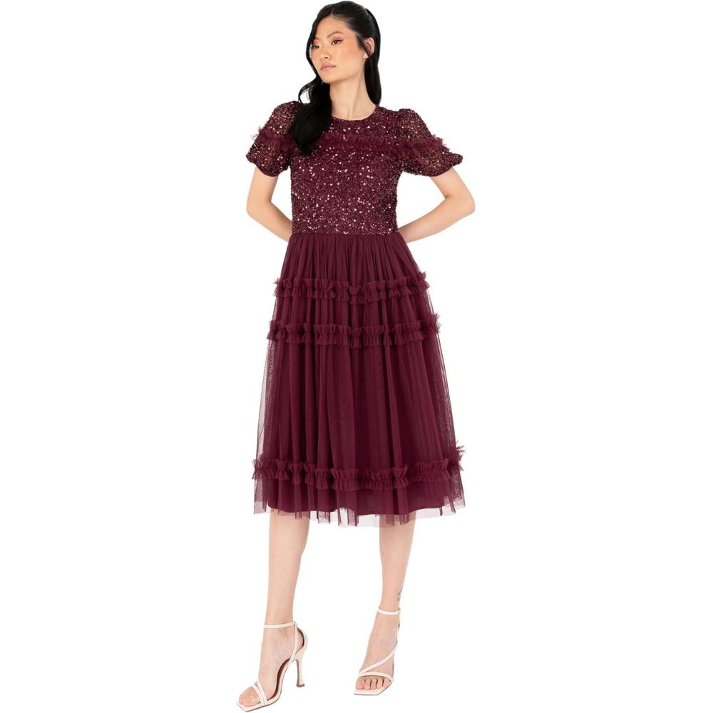 imageMaya Deluxe Womens Midi Dress Ladies Sequin Embellished Short Sleeve Ruffle for Wedding Guest Bridesmaid Occasion Evening Ball Gown Robes FemmeWine
