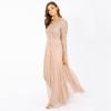 Maya Deluxe Womens Ladies Petite Maxi Dress for Wedding Guest Long Sleeves Sequins Empire High Waist Embellishment Boat Neck Prom Robe Femme (Lot de 1)(Taupe Blush)