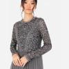 Maya Deluxe Women&rsquo;s Maxi Dress Ladies Crew Neck Long Sleeve Sequin Embellished Tulle Ruffle for Wedding Guest Bridesmaid Ball Gown Robes Femme(Anthracite)