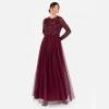 Maya Deluxe Women&rsquo;s Maxi Dress Ladies Crew Neck Long Sleeve Sequin Embellished Tulle Ruffle for Wedding Guest Bridesmaid Ball Gown Robes Femme(Rouge Framboise)