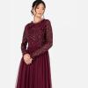 Maya Deluxe Women&rsquo;s Maxi Dress Ladies Crew Neck Long Sleeve Sequin Embellished Tulle Ruffle for Wedding Guest Bridesmaid Ball Gown Robes Femme(Rouge Framboise)