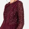 Maya Deluxe Women&rsquo;s Maxi Dress Ladies Crew Neck Long Sleeve Sequin Embellished Tulle Ruffle for Wedding Guest Bridesmaid Ball Gown Robes Femme(Rouge Framboise)