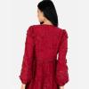 Maya Deluxe Womens Midi Dress Ladies Floral Embroidered Lace Long Sleeve V-Neck for Wedding Guest Bridesmaid Prom Occasion Ball Gown Robes Femme (Lot de 1)(Wine)