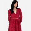Maya Deluxe Womens Midi Dress Ladies Floral Embroidered Lace Long Sleeve V-Neck for Wedding Guest Bridesmaid Prom Occasion Ball Gown Robes Femme (Lot de 1)(Wine)