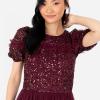 Maya Deluxe Women&rsquo;s Midi Dress Ladies Sequin Embellished Short Sleeve Ruffle for Wedding Guest Bridesmaid Occasion Evening Ball Gown Robes Femme(Wine)