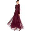 Maya Deluxe Women&rsquo;s Maxi Dress Ladies Crew Neck Long Sleeve Sequin Embellished Tulle Ruffle for Wedding Guest Bridesmaid Ball Gown Robes Femme(Baie Rouge)
