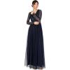 Maya Deluxe Women&rsquo;s Maxi Dress Ladies Embellished Wrap Tulle Frilly V-Neck Long Sleeve for Wedding Guest Bridesmaid Prom Ball Gown Robes Femme(Navy)