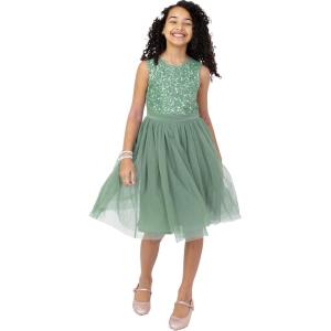 Maya Deluxe Midi Dress for Girls Sequins Embellished Party Tutu Bridesmaids Wedding with Belt Bow Robe Fille (Lot de 1)(Deep Mint)