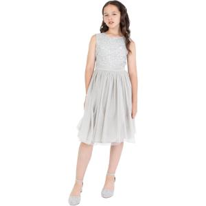 Maya Deluxe Midi Dress for Girls Sequins Embellished Party Tutu Bridesmaids Wedding with Belt Bow Robe Fille (Lot de 1)(Gris Clair)