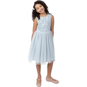 Maya Deluxe Midi Dress for Girls Sequins Embellished Party Tutu Bridesmaids Wedding with Belt Bow Robe Fille (Lot de 1)(Ice Blue)