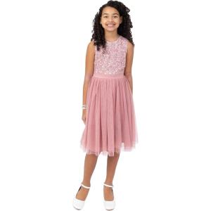 Maya Deluxe Midi Dress for Girls Sequins Embellished Party Tutu Bridesmaids Wedding with Belt Bow Robe Fille (Lot de 1)(Vintage Rose)