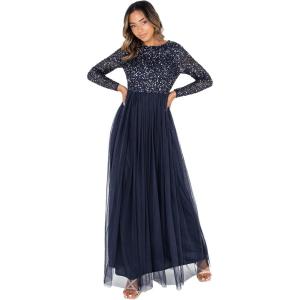 Maya Deluxe Taupe Blush Embellished Long Sleeve Maxi Dress Robe de Demoiselle d&rsquo;honneur Femme ,(Bleu Marine)
