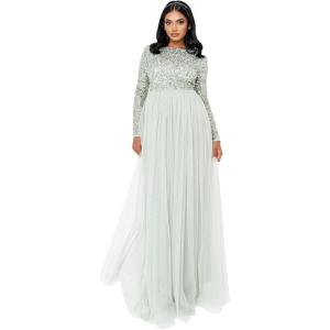 Maya Deluxe Taupe Blush Embellished Long Sleeve Maxi Dress Robe de Demoiselle d&rsquo;honneur Femme ,(Lys Vert.)