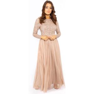 Maya Deluxe Womens Ladies Petite Maxi Dress for Wedding Guest Long Sleeves Sequins Empire High Waist Embellishment Boat Neck Prom Robe Femme (Lot de 1)(Taupe Blush)