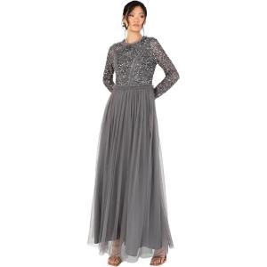 Maya Deluxe Women&rsquo;s Maxi Dress Ladies Crew Neck Long Sleeve Sequin Embellished Tulle Ruffle for Wedding Guest Bridesmaid Ball Gown Robes Femme(Anthracite)