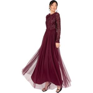 Maya Deluxe Women&rsquo;s Maxi Dress Ladies Crew Neck Long Sleeve Sequin Embellished Tulle Ruffle for Wedding Guest Bridesmaid Ball Gown Robes Femme(Rouge)