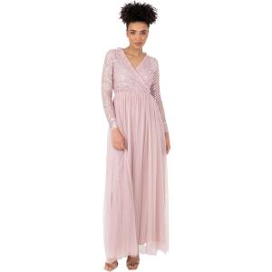 Maya Deluxe Women&rsquo;s Maxi Dress Ladies Embellished Wrap Tulle Frilly V-Neck Long Sleeve for Wedding Guest Bridesmaid Prom Ball Gown Robes Femme(Frosted Pink)