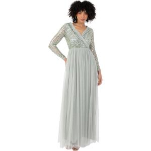 Maya Deluxe Women&rsquo;s Maxi Dress Ladies Embellished Wrap Tulle Frilly V-Neck Long Sleeve for Wedding Guest Bridesmaid Prom Ball Gown Robes Femme(Green Lily)