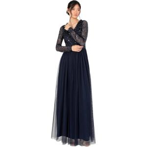 Maya Deluxe Women&rsquo;s Maxi Dress Ladies Embellished Wrap Tulle Frilly V-Neck Long Sleeve for Wedding Guest Bridesmaid Prom Ball Gown Robes Femme(Navy)
