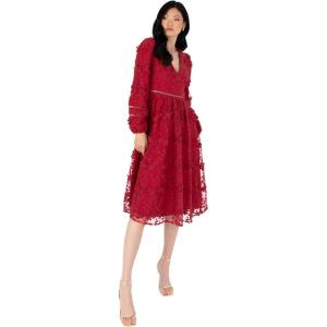 Maya Deluxe Womens Midi Dress Ladies Floral Embroidered Lace Long Sleeve V-Neck for Wedding Guest Bridesmaid Prom Occasion Ball Gown Robes Femme (Lot de 1)(Wine)