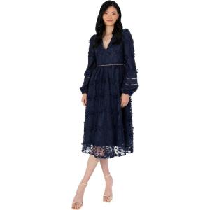 Maya Deluxe Womens Midi Dress Ladies Floral Embroidered Lace Long Sleeve V-Neck for Wedding Guest Bridesmaid Prom Occasion Ball Gown Robes Femme (Lot de 1)(Navy)
