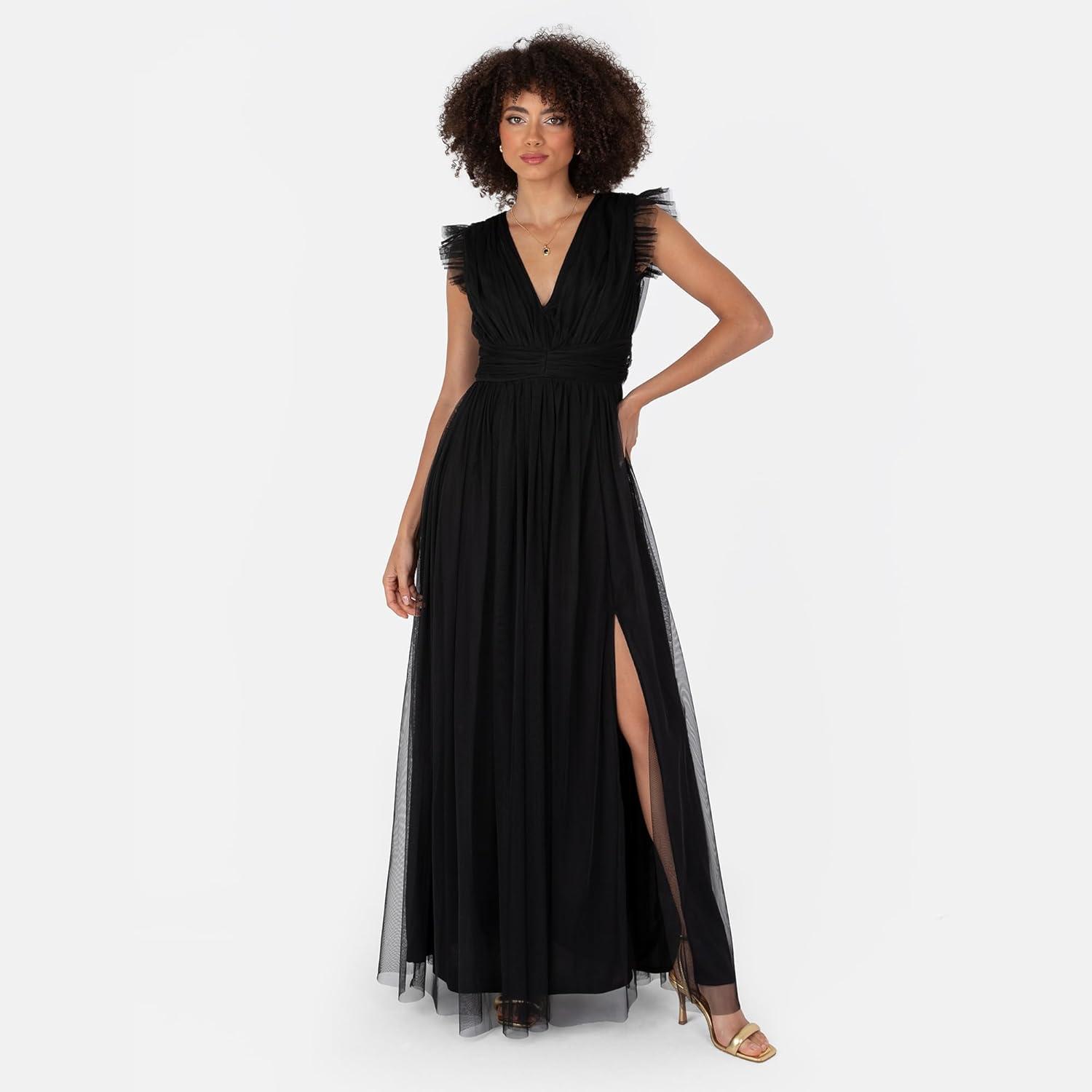 imageAnaya with Love Womens Maxi Dress Ladies VNeck Short Sleeve Split Tulle ALine for Wedding Guest Bridesmaid Evening Occasion Ball Gown FemmeNoir