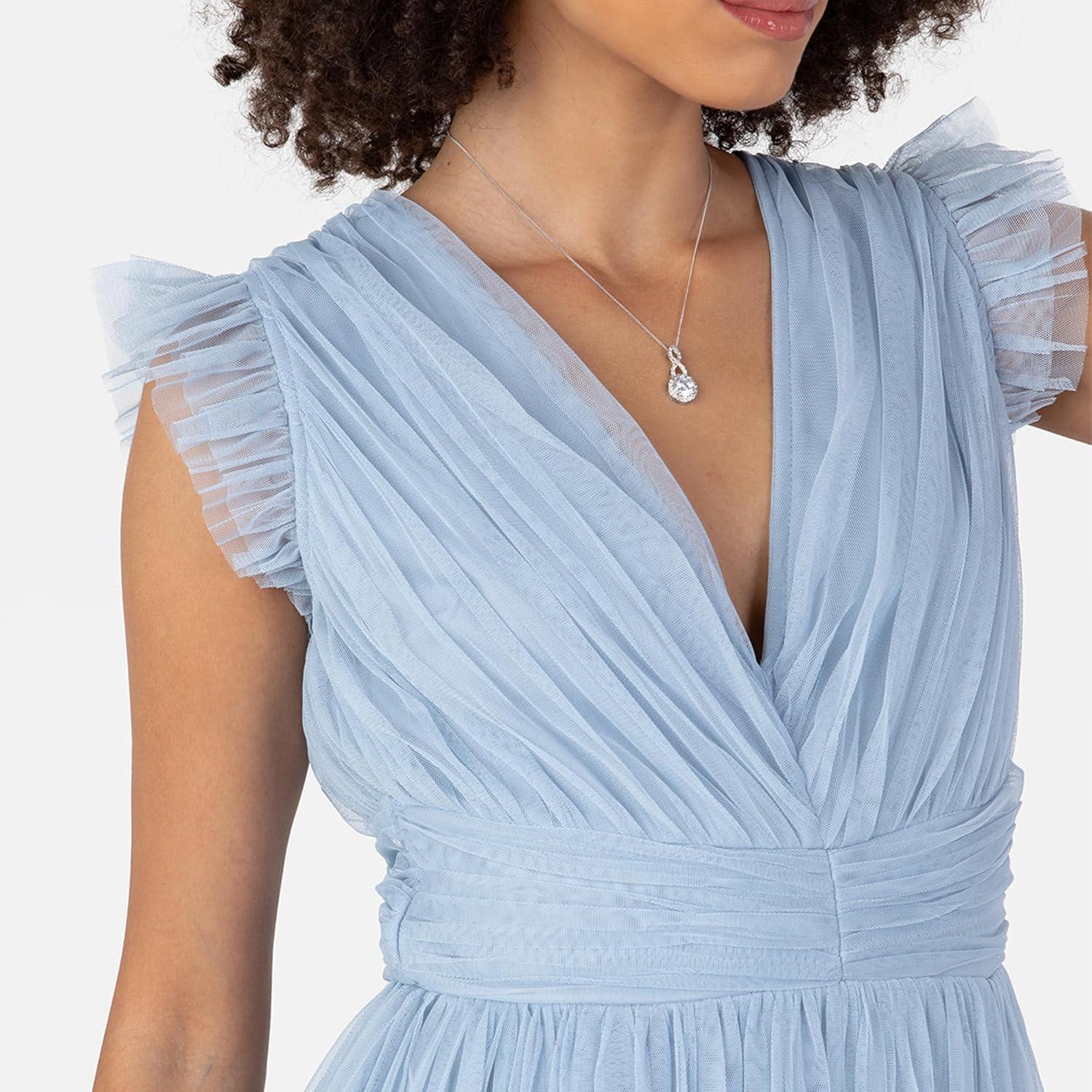 imageAnaya with Love Womens Maxi Dress Ladies VNeck Short Sleeve Split Tulle ALine for Wedding Guest Bridesmaid Evening Occasion Ball Gown FemmeSoft Blue
