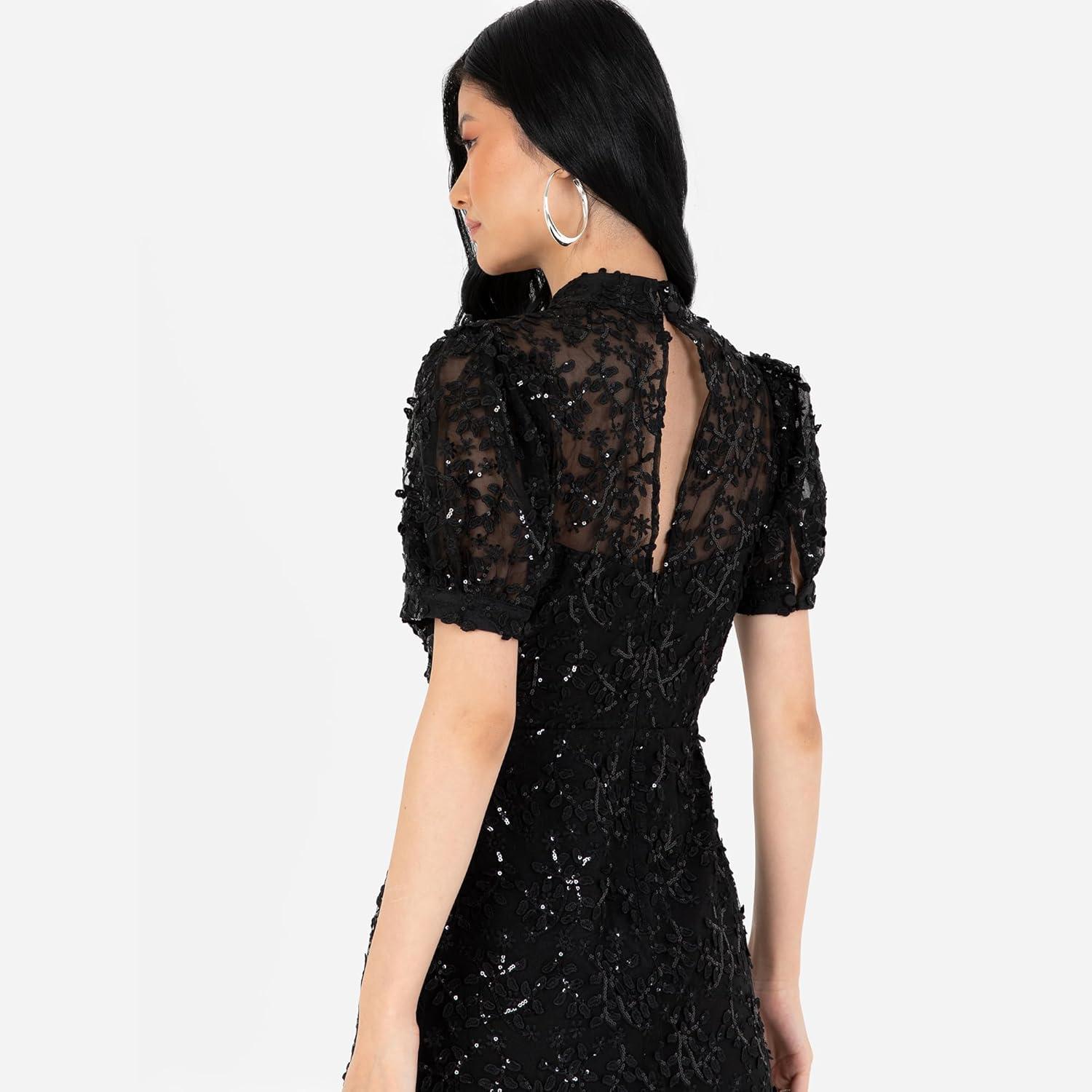 imageMaya Deluxe Womens Embroidered Dress for Ladies Sequin Embellished Midaxi Floral High Neck Wedding Guest Ball Evening Cocktail Robe FemmeNoir