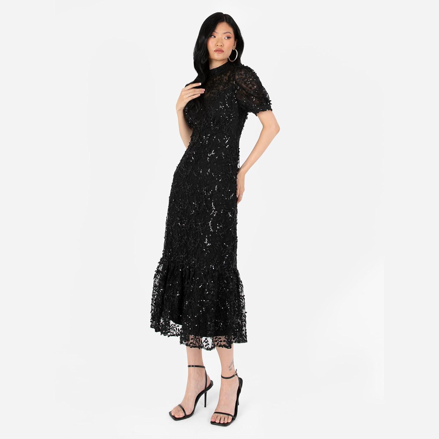 imageMaya Deluxe Womens Embroidered Dress for Ladies Sequin Embellished Midaxi Floral High Neck Wedding Guest Ball Evening Cocktail Robe FemmeNoir